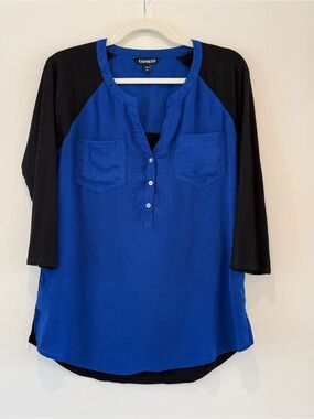 Express Royal Blue and Black Raglan Henley Tunic